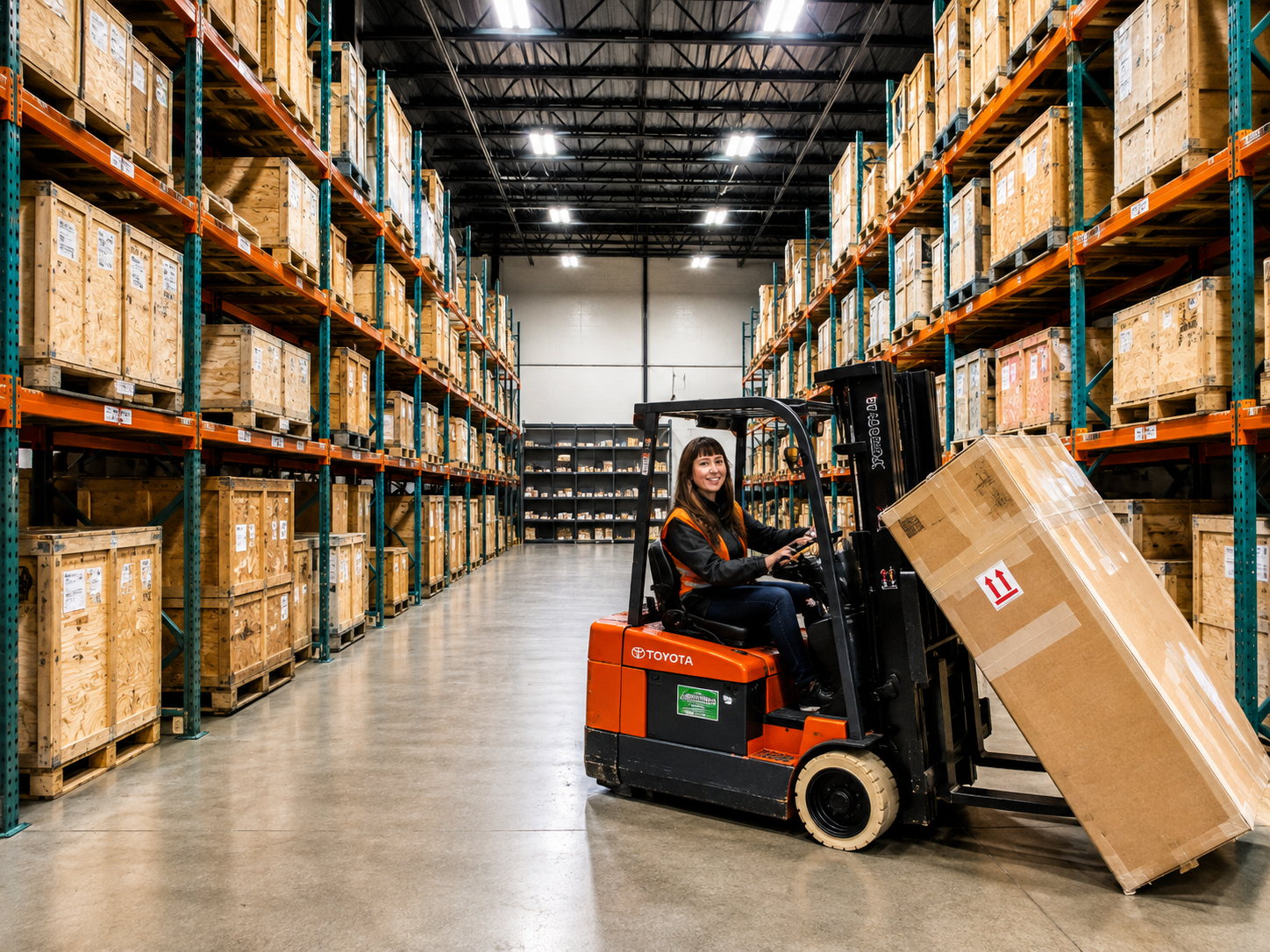 AAS warehouse operations — forklift moving aerospace inventory