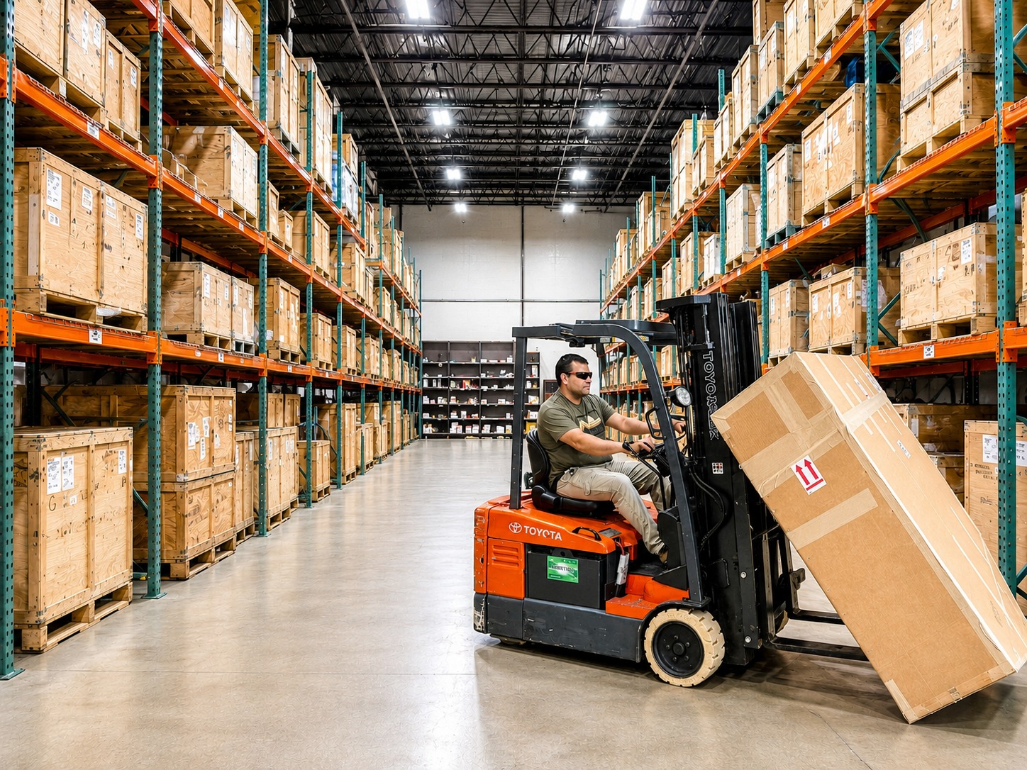 AAS warehouse operations — forklift moving aerospace inventory